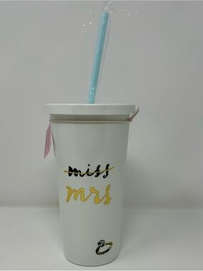 Kate Spade White Miss to Mrs. Tumbler with Blue Straw
